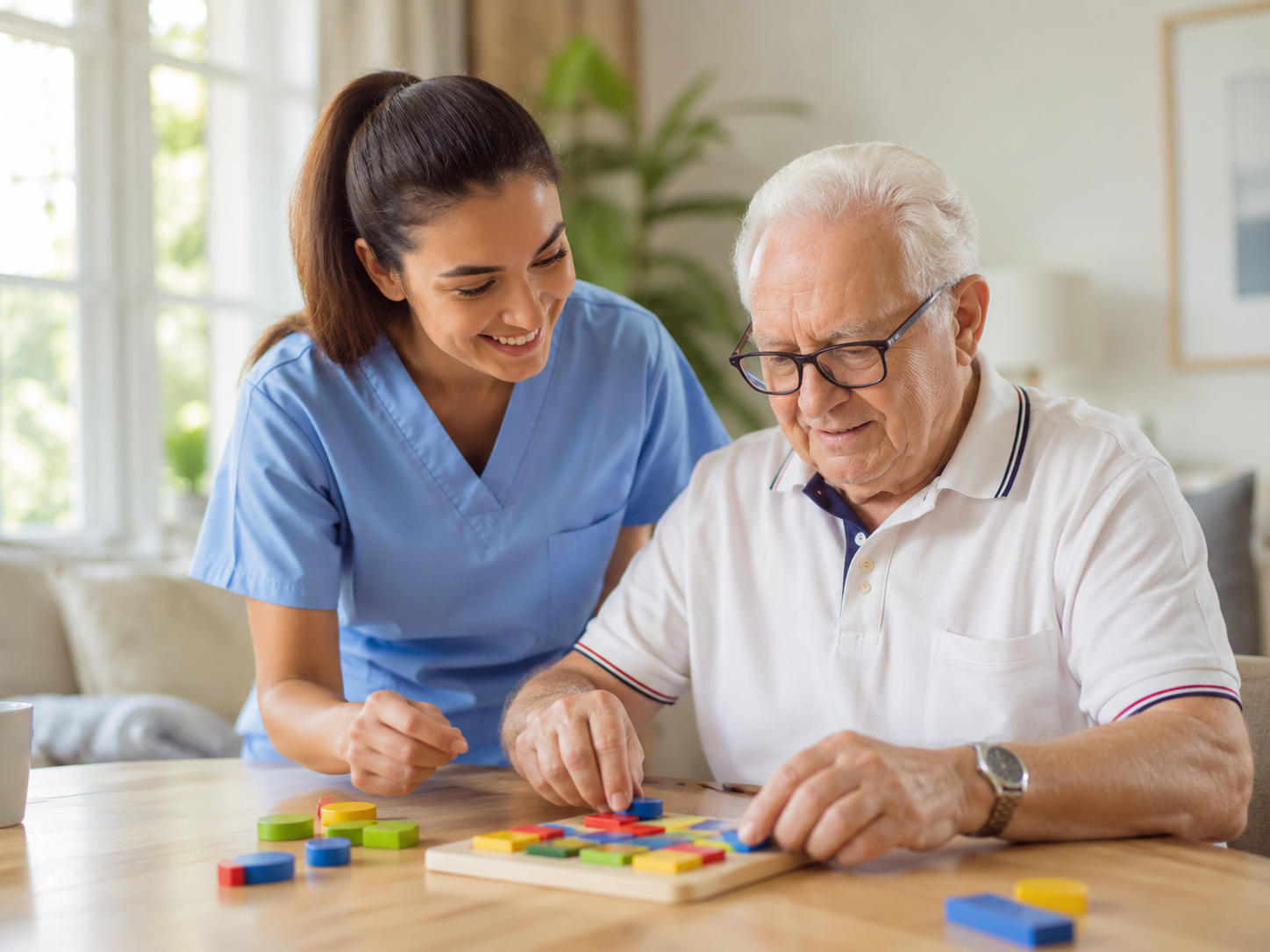 Carer and client enjoying a puzzle activity together, supporting memory and wellbeing