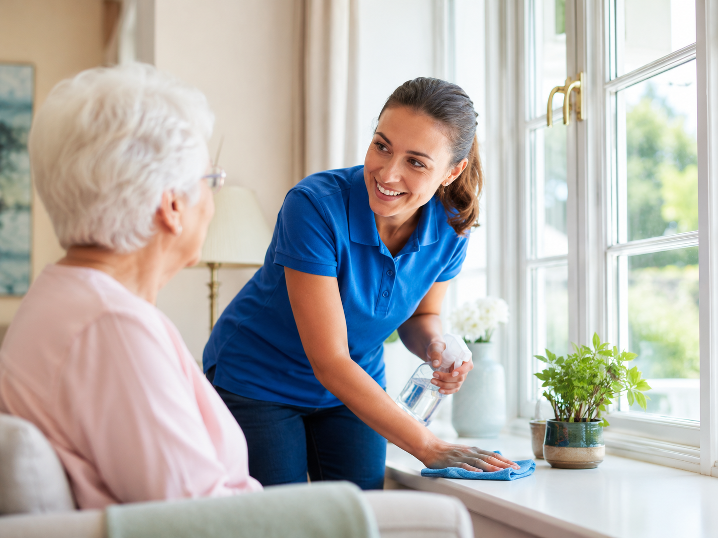 Carer keeping a client's living room clean and bright