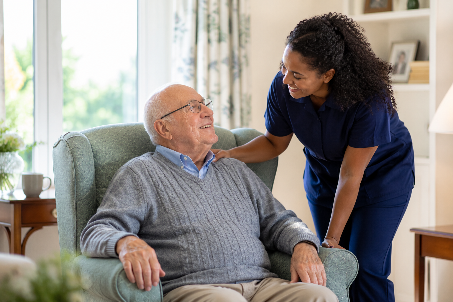Support worker chatting with a smiling client in his armchair