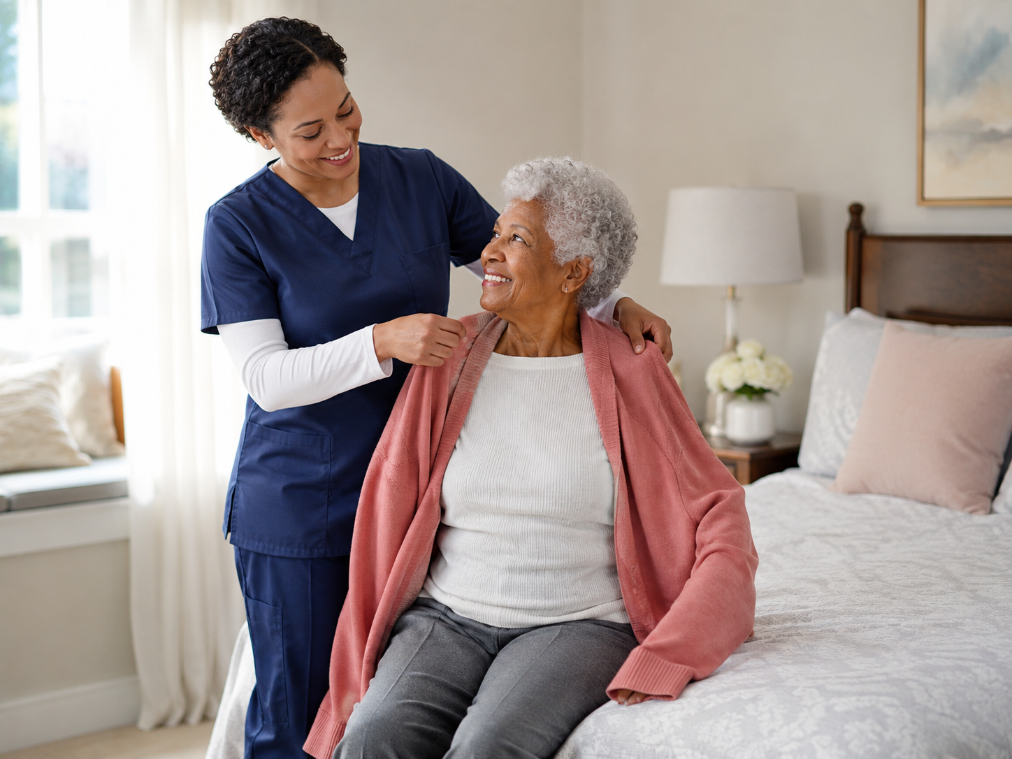 Carer helping a client with her cardigan