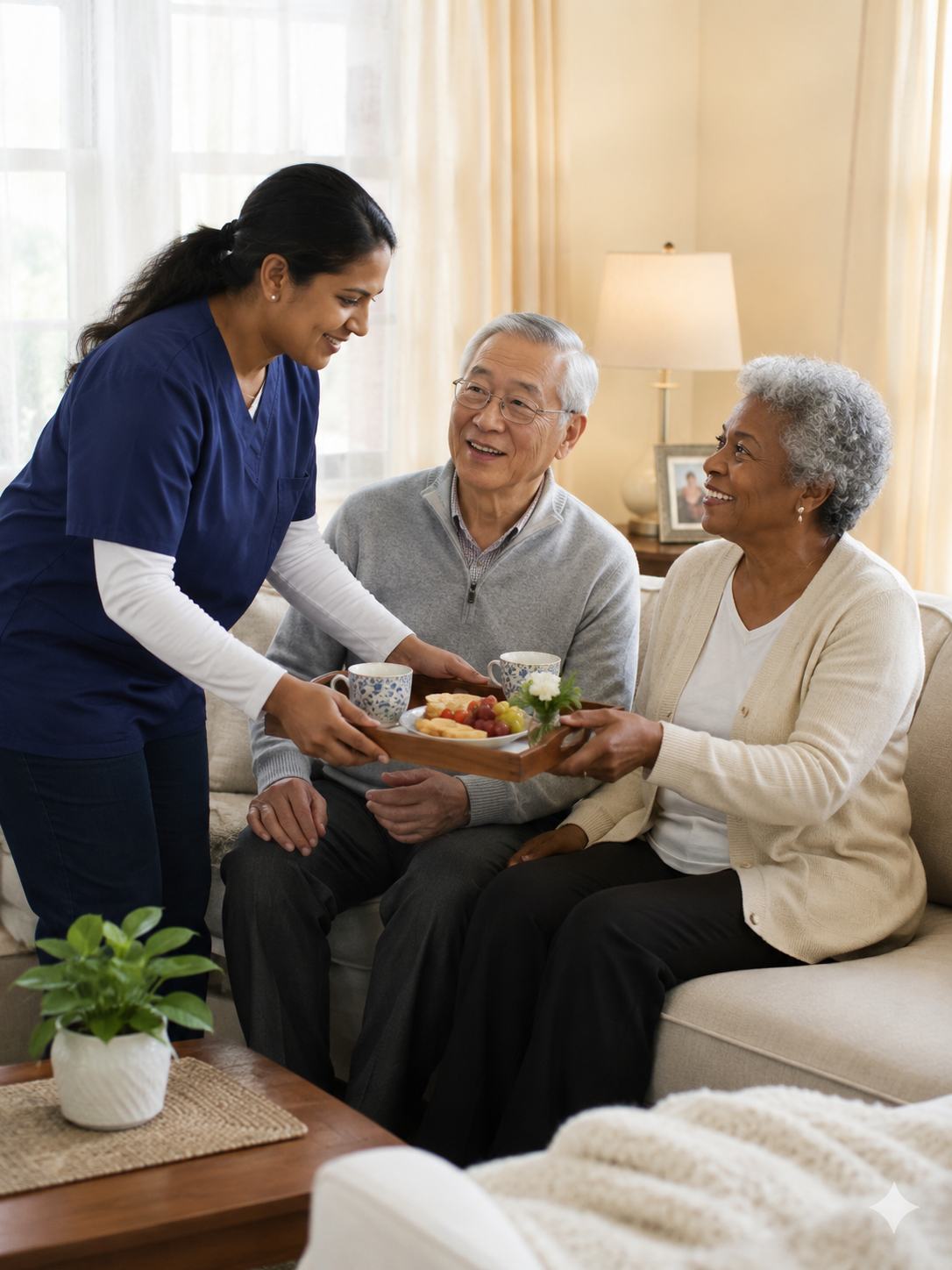Carer serving tea to a couple at home