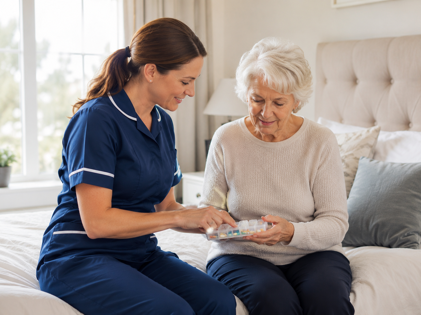 Carer helping a client organise her weekly medication at home