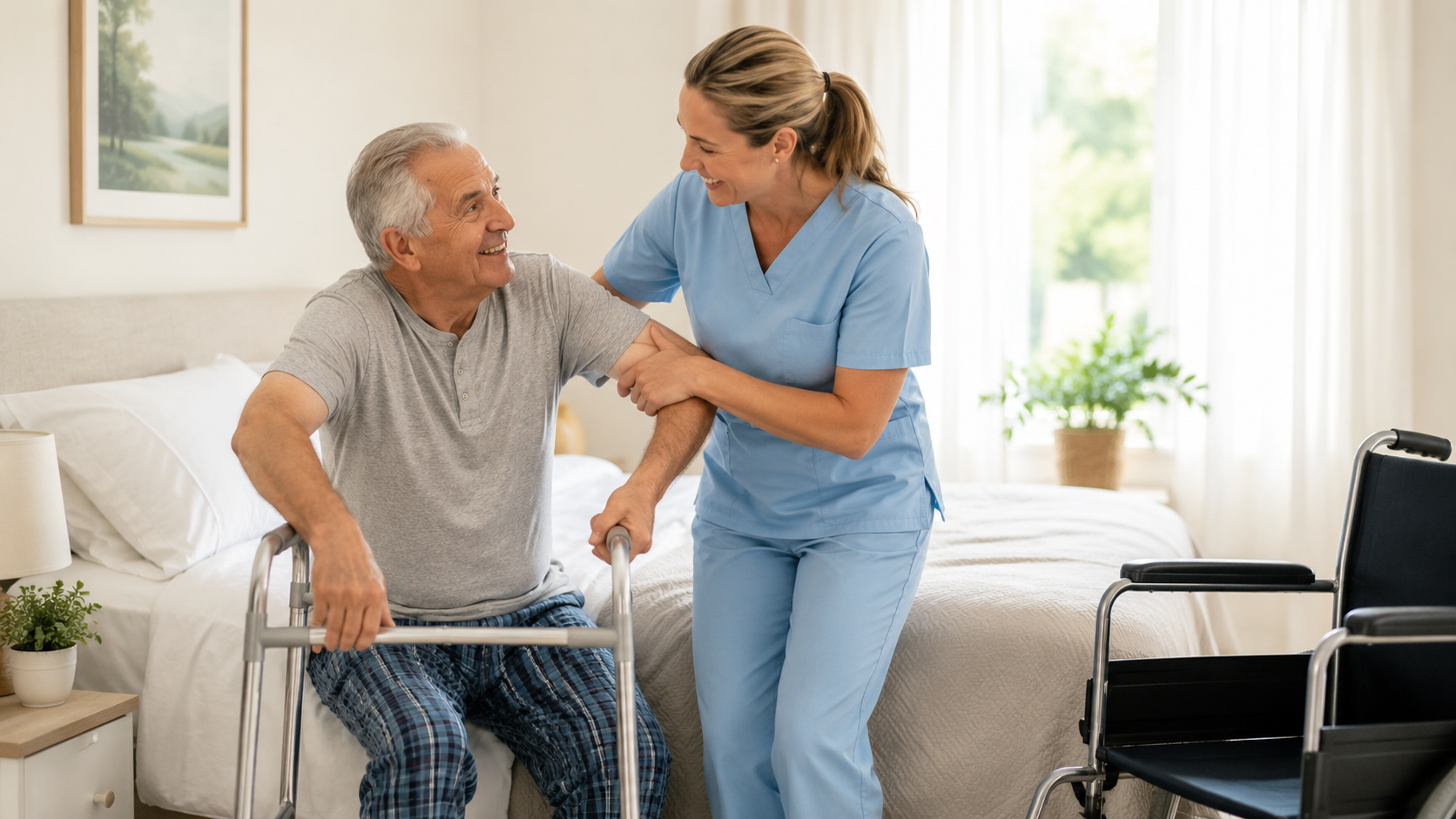 Support worker helping a client stand with his walking frame